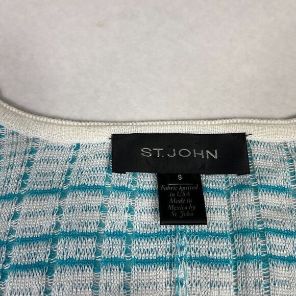 St John Wool Blend Long Cardigan Blue Ivory 3/4 Sleeve Open Front Sweater SMALL - Picture 4 of 11